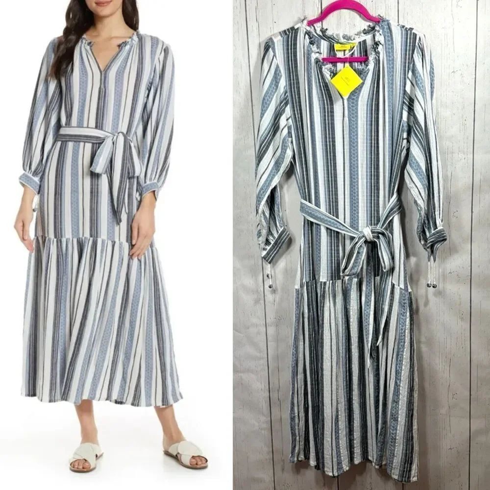 Roller Rabbit Striped Midi Dress Belted Tiered Boho Resort Coastal Preppy NWT